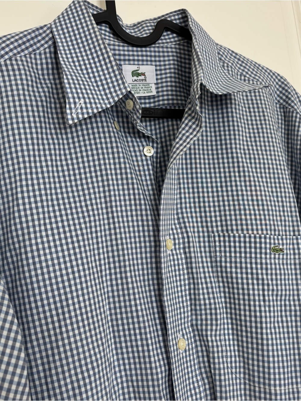 Lacoste Men’s Blue and White Gingham Button-Down Shirt